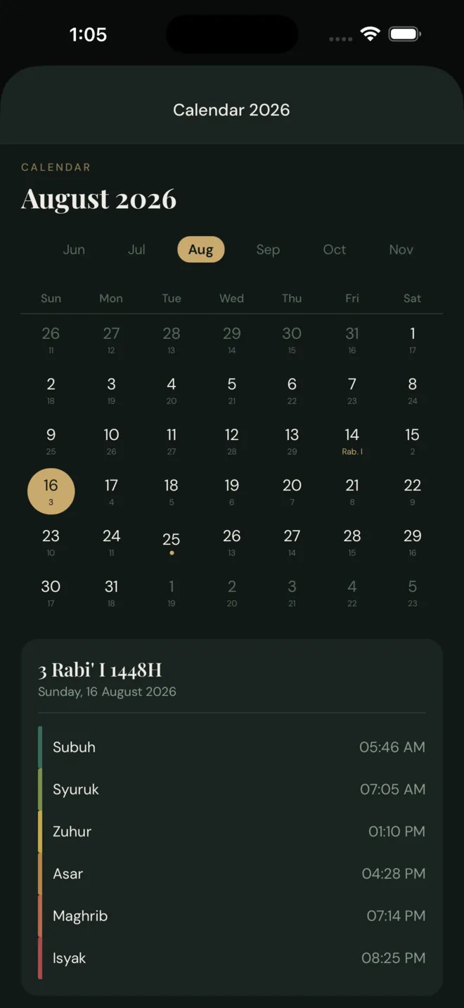 Monthly calendar for August 2026 showing Gregorian and Hijri dates.